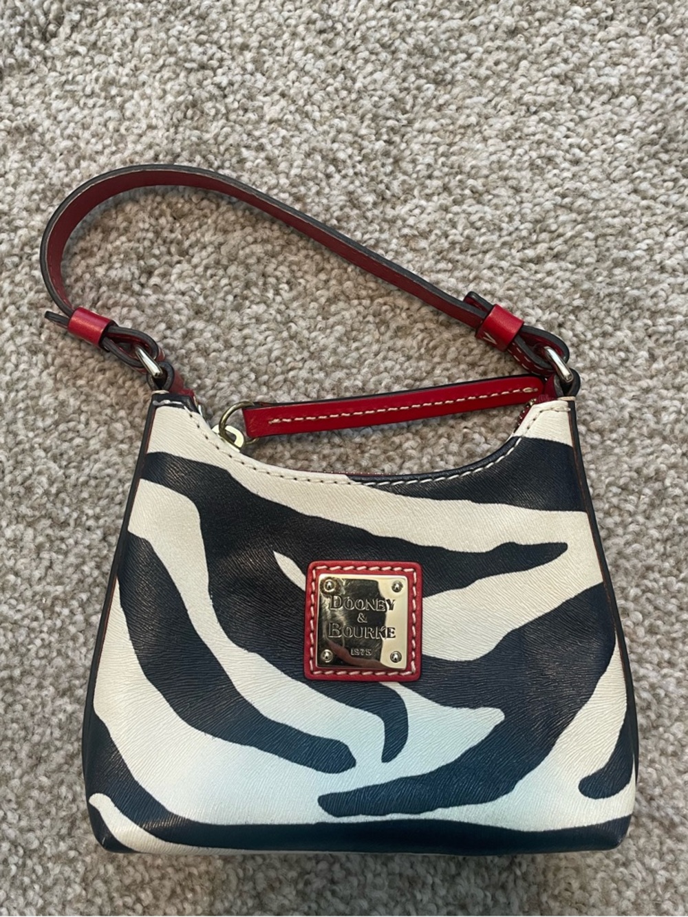 Dooney & Bourke Black & White Zebra Print Leather Bitsy Bag Wristlet w Red Trim